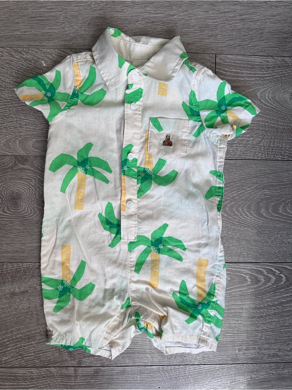 GAP Short-Sleeve Linen Cotton Palm-Print One-Piece in Green and Cream